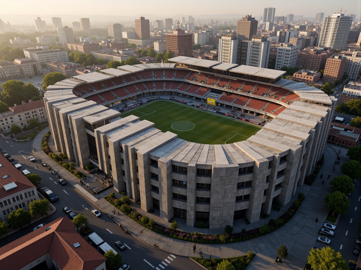 Prompt: Rugged football stadium, brutalist architecture, exposed concrete structures, fortress-like fa\u00e7ades, monumental scale, geometric shapes, raw textures, industrial materials, cantilevered roofs, angular lines, dramatic shadows, high-contrast lighting, dynamic camera angles, wide-angle lenses, urban cityscape, crowded streets, vibrant billboards, evening atmosphere, warm golden lighting, shallow depth of field, 2/3 composition.