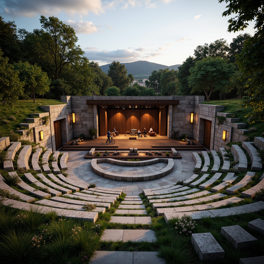 Prompt: Semi-circular amphitheater, natural stone seating, grassy surroundings, lush greenery, acoustic panels, sound-absorbing materials, wooden stage, elevated platforms, gentle slope, audience seating, ornate lighting fixtures, warm evening atmosphere, soft warm lighting, shallow depth of field, 3/4 composition, realistic textures, ambient occlusion.