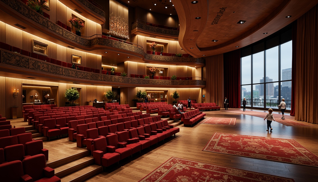 Prompt: Grand auditorium interior, plush velvet seats, polished wooden floors, intricately carved acoustic panels, ornate chandeliers, soft warm lighting, subtle gradient textures, luxurious fabric draping, richly patterned rugs, gleaming metallic accents, contemporary minimalism, sleek lines, curved architecture, grandiose scale, dramatic high ceilings, elegant balconies, panoramic city views, sophisticated ambiance, realistic reflections, ambient occlusion.