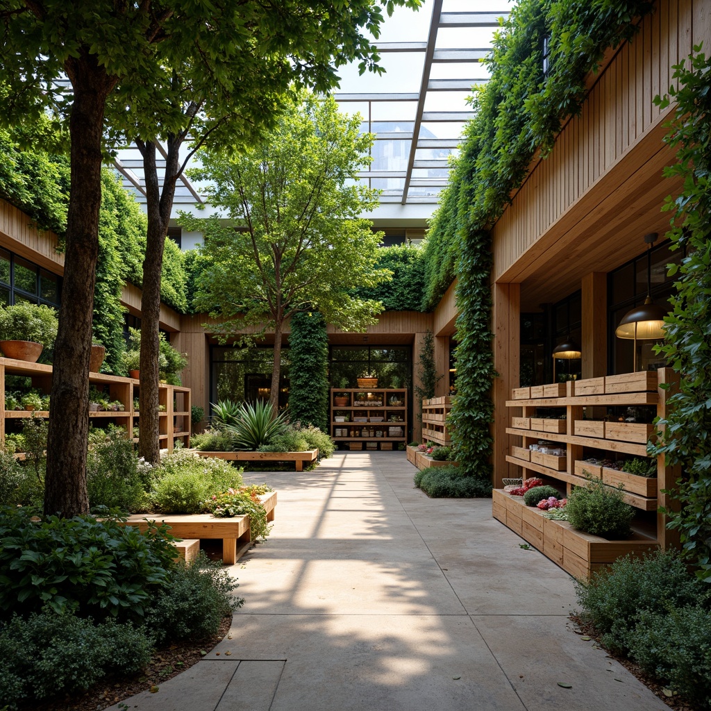 Prompt: Natural indoor oasis, lush green walls, living plants, reclaimed wood accents, earthy color palette, organic produce stands, rustic wooden crates, artisanal food displays, local farm-to-table features, natural stone flooring, skylights, abundant daylight, warm atmospheric lighting, 1/2 composition, shallow depth of field, realistic textures, ambient occlusion.