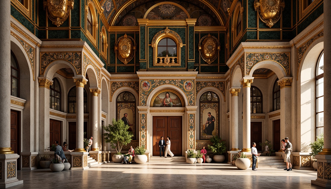 Prompt: Ornate Byzantine church facade, intricately carved stone walls, gilded domes, grand arches, ornamental columns, vibrant mosaic patterns, richly colored glazed tiles, intricate geometric motifs, luxurious marble floors, grand entrance doors, symmetrical composition, warm golden lighting, shallow depth of field, 3/4 perspective, realistic textures, ambient occlusion.