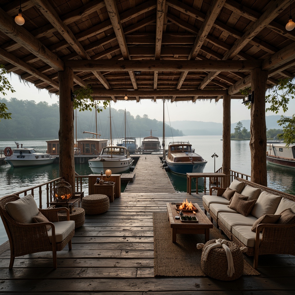 Prompt: Rustic wooden dock, weathered boat hulls, nautical ropes, vintage anchors, distressed wood textures, earthy color palette, natural stone foundations, cozy interior lighting, warm candlelit ambiance, plush furnishings, soft cushions, woven wicker furniture, eclectic decorative accents, nostalgic memorabilia, serene lake surroundings, misty morning atmosphere, subtle fog effects, shallow depth of field, 1/2 composition, warm golden hour lighting, realistic wood grain details.