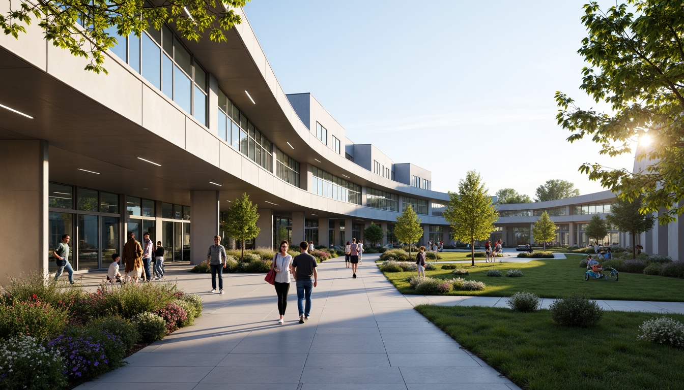 Prompt: Streamlined modern middle school facade, curved lines, minimal ornamentation, rectangular windows, aluminum frames, gray-blue glass panels, sleek steel columns, cantilevered roofs, open courtyard, lush greenery, vibrant flowers, educational signage, natural stone walkways, polished concrete floors, abundant natural light, soft warm lighting, shallow depth of field, 3/4 composition, panoramic view, realistic textures, ambient occlusion.