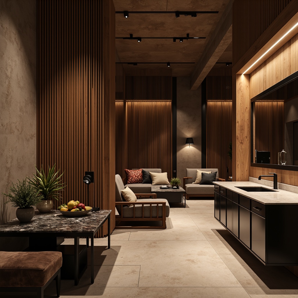 Prompt: Luxurious interior space, high-end material finishes, rich wooden textures, polished marble countertops, metallic accents, matte black fixtures, soft velvety upholstery, natural stone flooring, warm ambient lighting, 3/4 composition, shallow depth of field, realistic reflections, detailed textures.