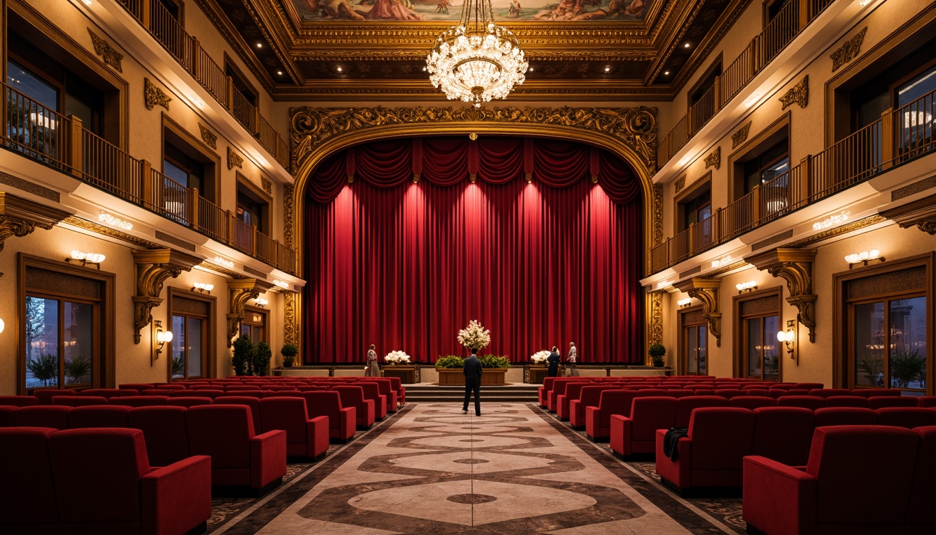 Prompt: Opulent cinema interior, rich red velvet curtains, ornate golden details, intricate moldings, grandiose chandeliers, lavish marble floors, majestic staircases, regal balconies, luxurious seating areas, plush crimson armchairs, decorative screens, elaborate frescoes, Romanesque arches, sweeping drapery, soft warm lighting, shallow depth of field, 1/1 composition, symmetrical framing, realistic textures, ambient occlusion.