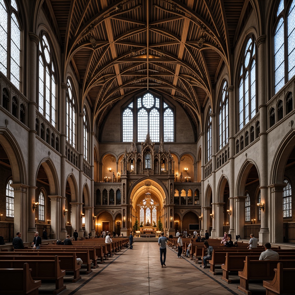 Prompt: Ornate Gothic cathedral, pointed arches, ribbed vaults, flying buttresses, grandiose steel structure, intricate stone carvings, stained glass windows, majestic entrance doors, dramatic verticality, ornamental pinnacles, airy interior spaces, soft warm lighting, shallow depth of field, 3/4 composition, panoramic view, realistic textures, ambient occlusion.