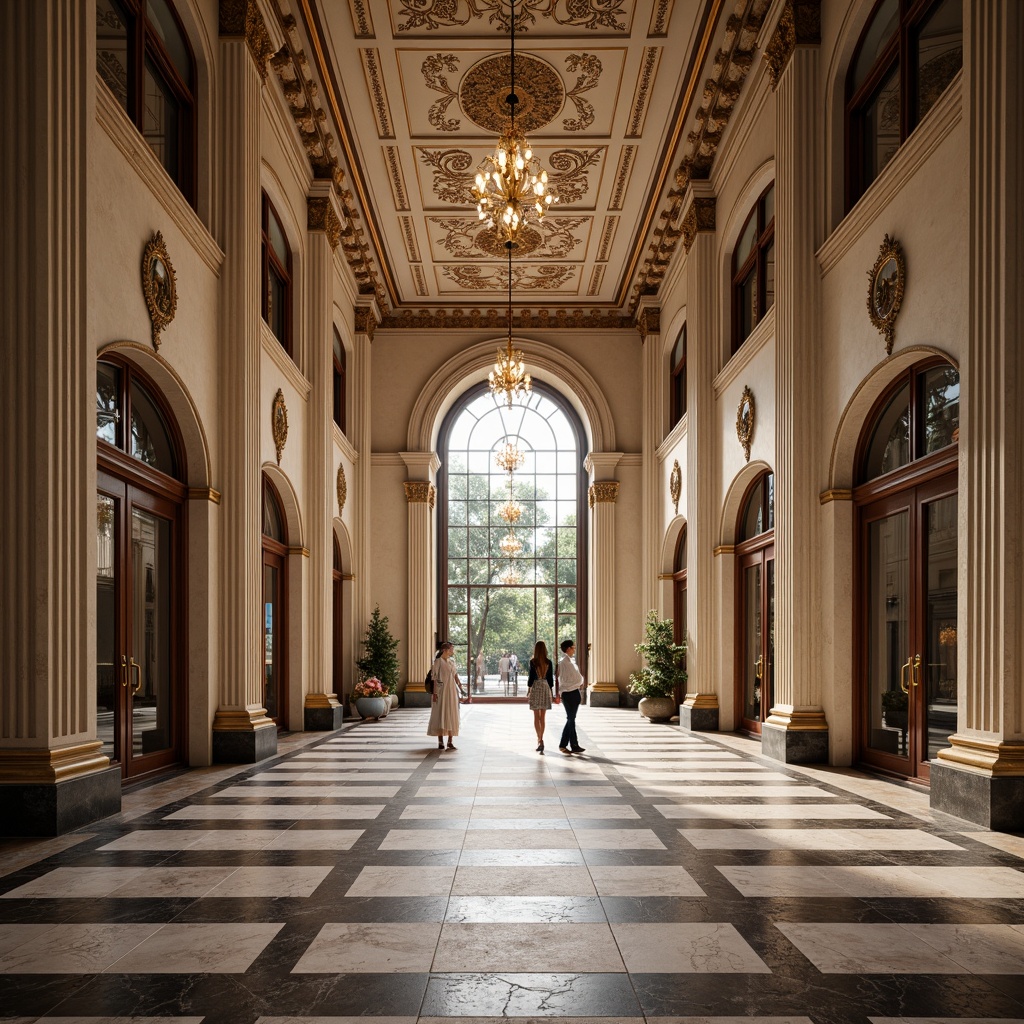 Prompt: Symmetrical grand entrance, ornate decorations, classical columns, balanced facades, harmonious proportions, elegant archways, mirrored reflections, central axis, radial symmetry, geometric patterns, intricate mosaics, ornamental details, luxurious materials, polished marble floors, crystal chandeliers, soft warm lighting, 1/1 composition, frontal view, realistic textures, ambient occlusion.