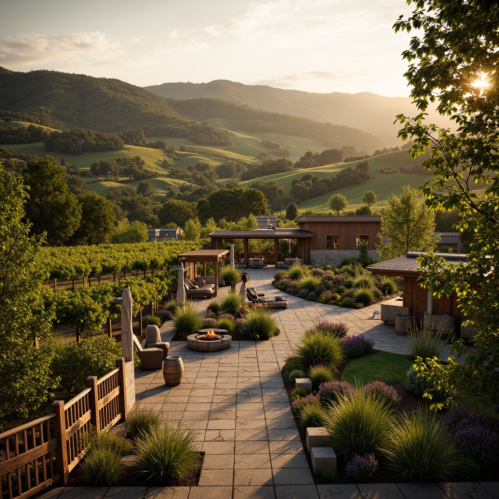 Prompt: Vineyard landscape, rolling hills, lush green vines, rustic wooden fences, stone pathways, Tuscan-inspired villas, Mediterranean-style gardens, olive trees, lavender fields, warm golden lighting, soft focus, 1/1 composition, intimate atmosphere, natural textures, ambient occlusion, wine barrels, cellar doors, grapevine trellises, outdoor seating areas, fire pits, sunset views.