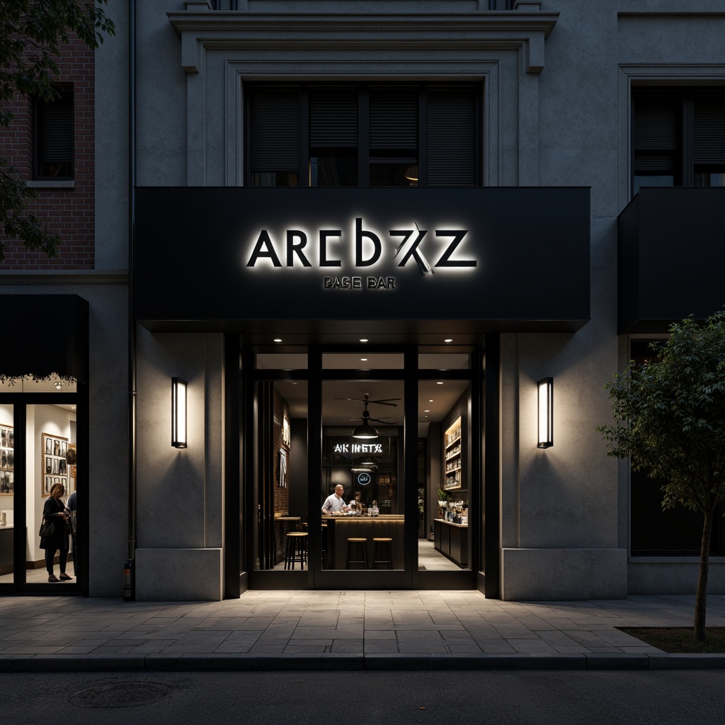 Prompt: Monochromatic bar facade, minimalist signage, subtle LED lighting, sleek metal frames, floor-to-ceiling windows, polished concrete walls, industrial-chic materials, simplistic typography, neutral color palette, urban cityscape, nighttime atmosphere, shallow depth of field, 1/1 composition, realistic reflections, ambient occlusion.