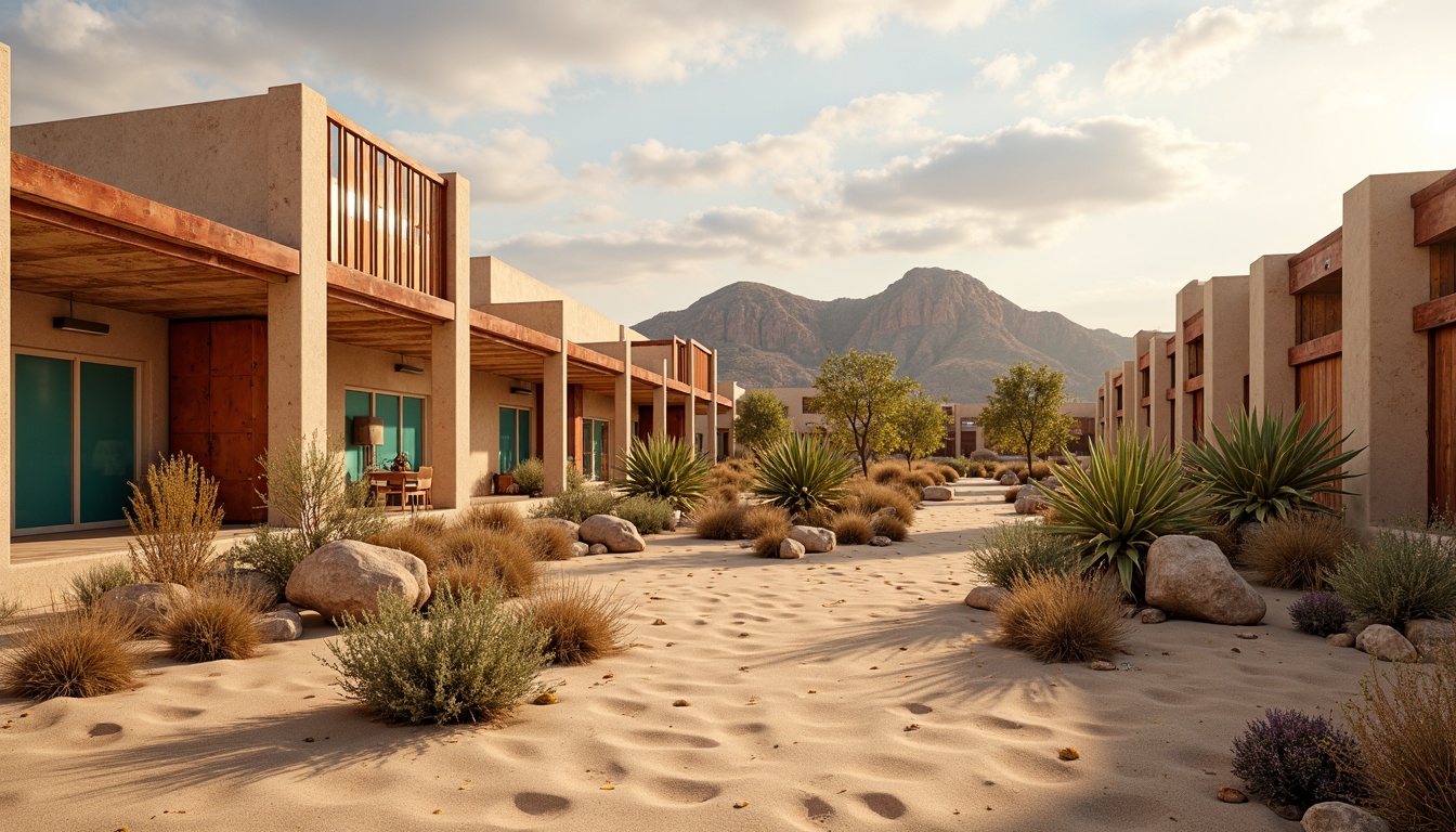 Prompt: Arid desert landscape, sandy dunes, cactus plants, warm beige stone walls, rusty metal accents, weathered wood textures, turquoise glass windows, vibrant coral-inspired colors, soft golden lighting, shallow depth of field, 3/4 composition, panoramic view, realistic rock formations, ambient occlusion.