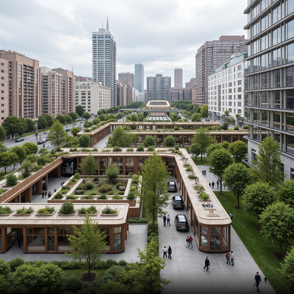 Prompt: Eco-friendly tram station, lush green roofs, vertical gardens, natural ventilation systems, solar panels, rainwater harvesting systems, recycled materials, energy-efficient lighting, modern minimalist design, angular lines, transparent glass fa\u00e7ades, open public spaces, pedestrian-friendly access, bike-sharing facilities, electric vehicle charging stations, vibrant urban landscape, cloudy day, soft diffused lighting, shallow depth of field, 3/4 composition, realistic textures, ambient occlusion.