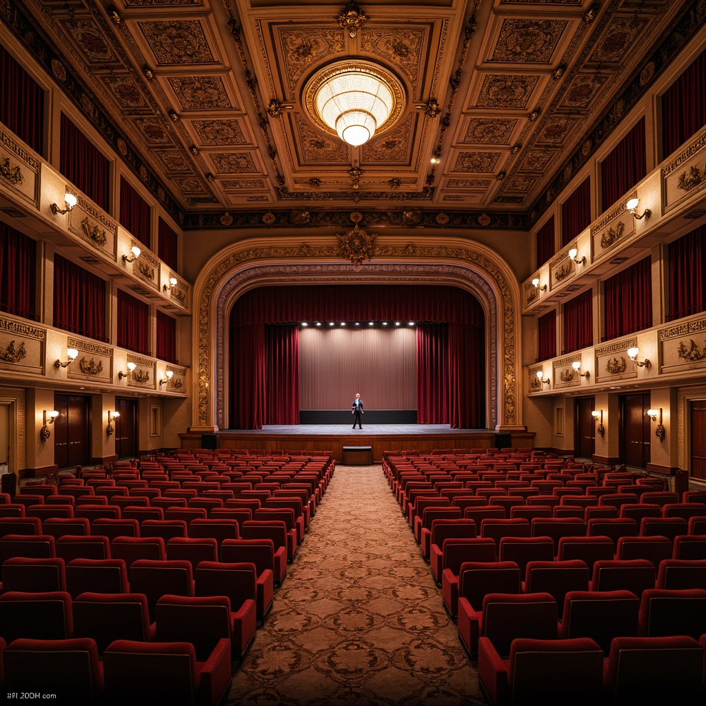 Prompt: Grand auditorium, ornate decorations, high ceilings, wooden paneling, velvet curtains, intricate moldings, symmetrical architecture, precise acoustic calculations, optimized sound reflections, resonance control systems, premium audio equipment, professional stage lighting, tiered seating, comfortable cushions, warm color schemes, rich textures, detailed ornaments, Baroque-inspired patterns, grand chandeliers, dramatic spotlights, 1/2 composition, shallow depth of field, soft diffused lighting.