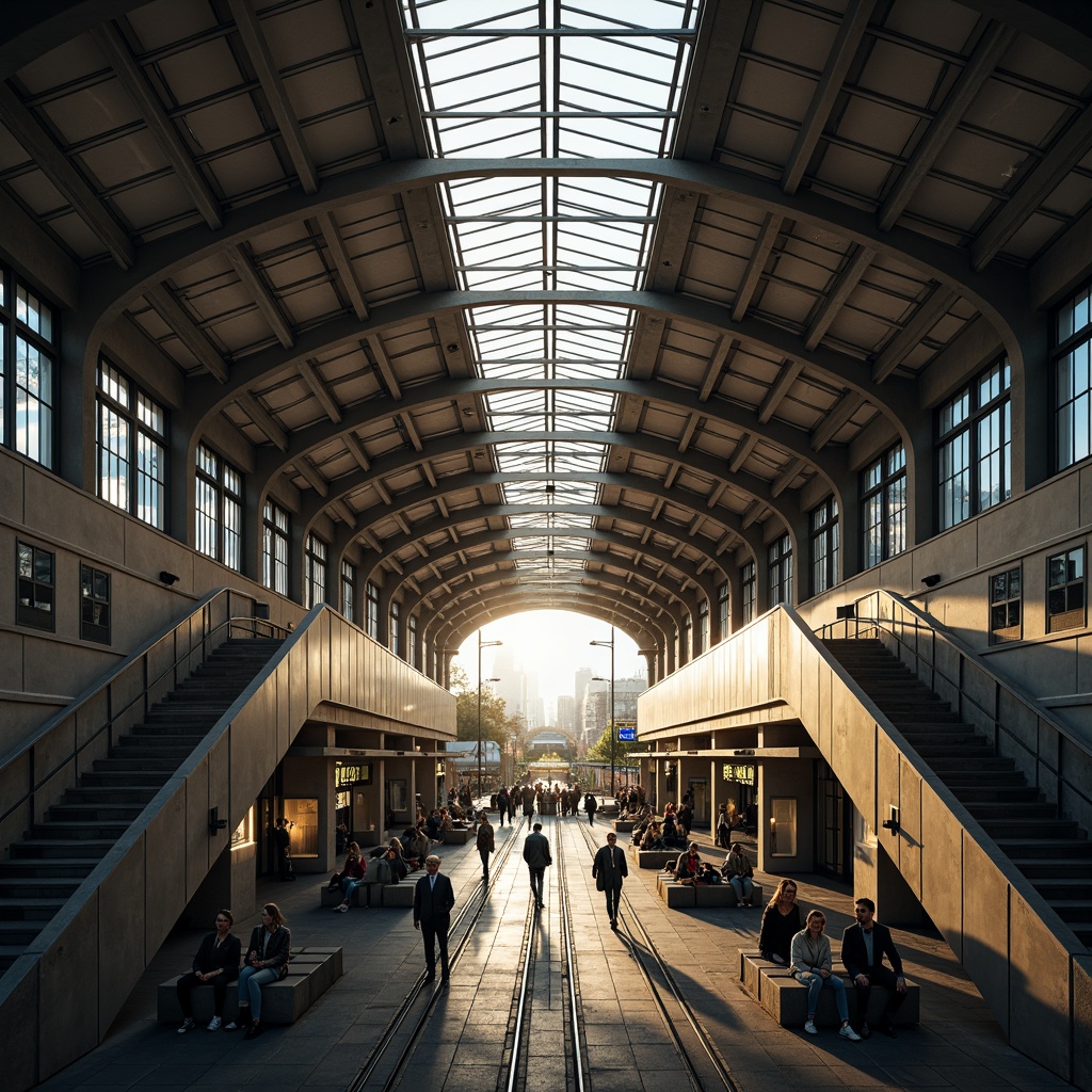 Prompt: Vaulted ceilings, grand staircases, modern tram stations, natural light pouring in, skylights above tracks, glass roofs, steel beams, industrial chic, urban atmosphere, busy commuter scenes, rush hour crowds, morning sunlight, warm glow, soft shadows, 1/1 composition, symmetrical framing, shallow depth of field, realistic textures, ambient occlusion.