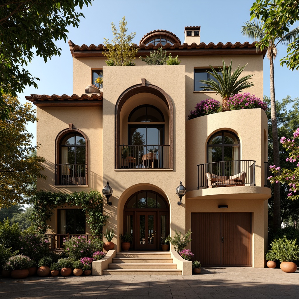 Prompt: Whimsical villa facade, eclectic mix of materials, rustic stone walls, wooden accents, intricate metalwork, vibrant color palette, ornate decorations, asymmetrical composition, playful juxtaposition of textures, Mediterranean-inspired arches, grand entrance gates, lush greenery, flowering vines, warm golden lighting, dramatic shadows, shallow depth of field, 1/2 composition, realistic render, ambient occlusion.