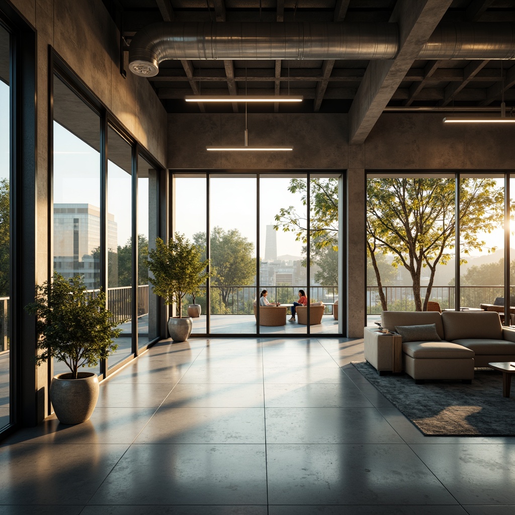 Prompt: \Spacious interior, floor-to-ceiling windows, sliding glass doors, minimalist decor, reflective surfaces, polished concrete floors, industrial-style lighting fixtures, urban loft ambiance, soft warm natural light, indirect sunlight, 1/2 composition, shallow depth of field, panoramic view, realistic textures, ambient occlusion.\