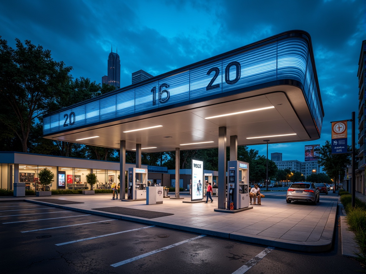 Prompt: Modern gas station, sleek metallic facade, LED lighting displays, curved lines, futuristic architecture, fuel pumps with digital screens, cantilevered canopies, stainless steel accents, transparent glass walls, neon signage, urban cityscape, evening ambiance, dramatic backlighting, 1/2 composition, shallow depth of field, realistic reflections.