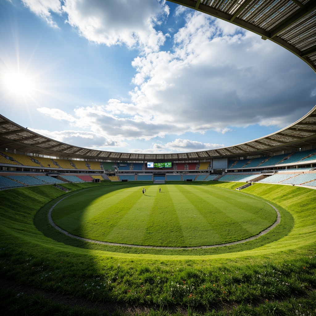 Prompt: Dynamic stadium, undulating grass slopes, winding running tracks, curved grandstands, cantilevered roofs, aerodynamic shapes, metallic mesh fa\u00e7ades, LED scoreboard displays, vibrant color schemes, natural stone accents, lush greenery surroundings, sunny day, dramatic cloud formations, high-angle shots, 1/2 composition, shallow depth of field, soft warm lighting.