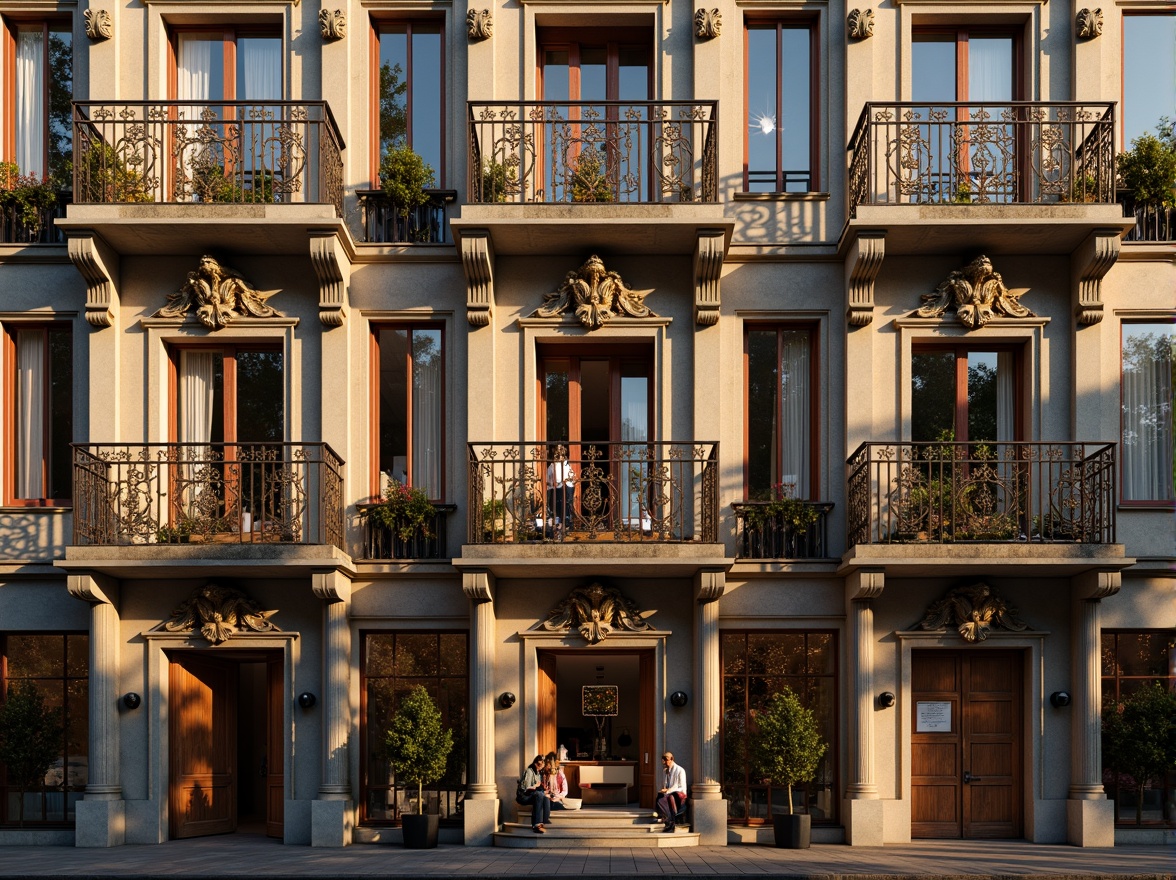 Prompt: Grandiose building facade, intricately carved stone ornaments, ornate balconies, decorative railings, lavish entranceways, gilded accents, vibrant stained glass windows, majestic columns, sculpted gargoyles, Baroque-inspired architecture, richly textured walls, luxurious materials, warm golden lighting, shallow depth of field, 1/1 composition, symmetrical view, realistic reflections, ambient occlusion.