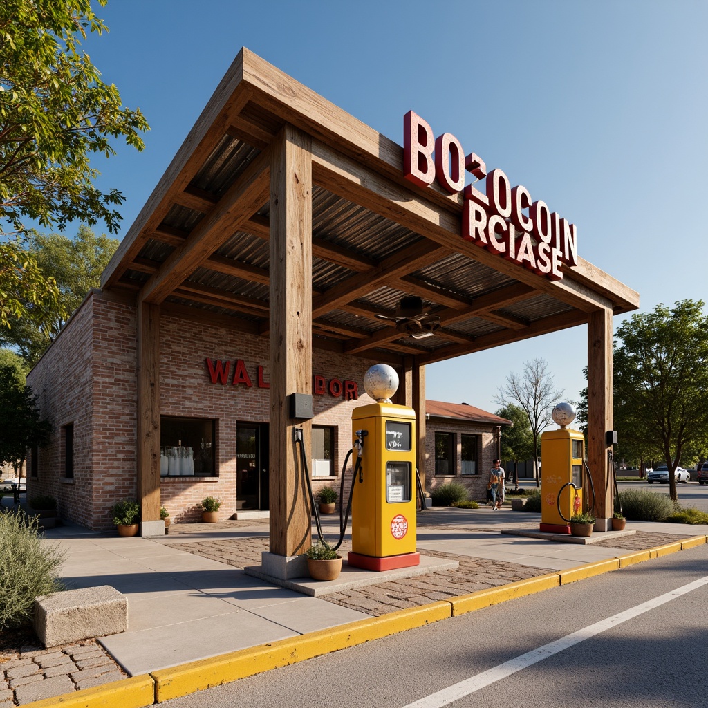 Prompt: Rustic gas station, regionalism style, distressed wood accents, corrugated metal roofs, vintage fuel pumps, retro signage, earthy tones, natural stone walls, rugged concrete floors, industrial lighting fixtures, overhead canopies, bold typography, eclectic decorations, worn brick textures, warm sunny day, shallow depth of field, 1/2 composition, symmetrical framing, realistic renderings, ambient occlusion.