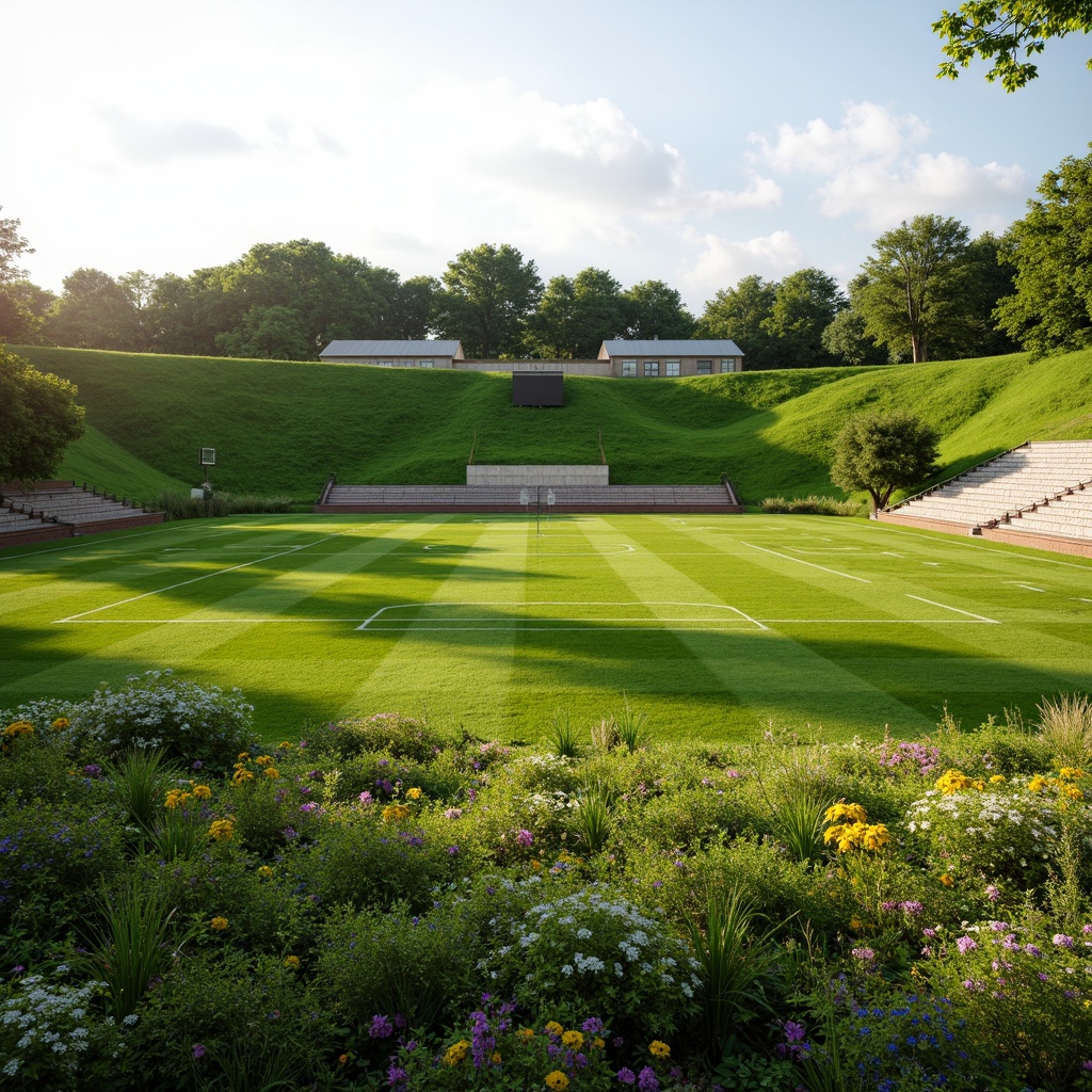 Prompt: Undulating hills, lush green grass, organic curves, sports field stadium, athletic tracks, soccer goals, basketball hoops, tennis courts, natural stone seating areas, wooden benches, eco-friendly materials, sustainable design, rainwater harvesting systems, green roofs, living walls, native plant species, vibrant wildflowers, warm sunny day, soft diffused lighting, shallow depth of field, 3/4 composition, panoramic view, realistic textures, ambient occlusion.