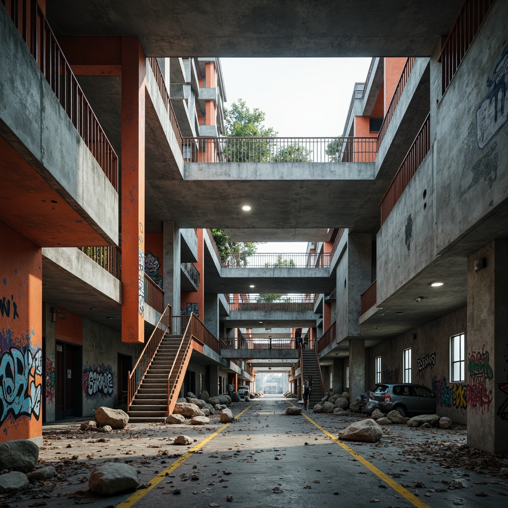 Prompt: Deconstructed high school building, fragmented geometric shapes, distressed concrete walls, irregular windows, abstract steel beams, dynamic staircases, bold color blocking, industrial materials, exposed ductwork, urban graffiti, gritty textures, high-contrast lighting, dramatic shadows, 1-point perspective, low-angle shots, cinematic composition, futuristic ambiance.