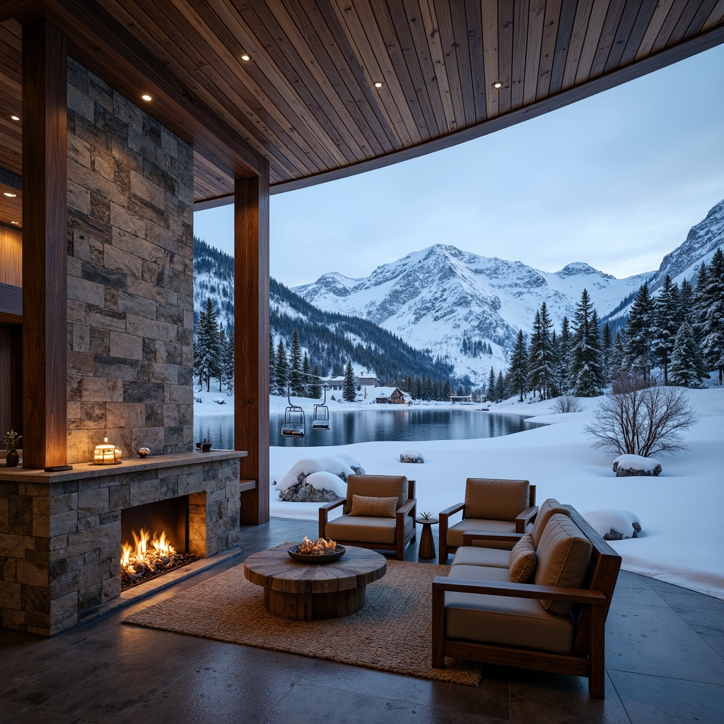 Prompt: Snow-capped mountains, frozen lakes, ski lifts, rustic wooden lodges, warm fireplaces, comfortable couches, vintage ski equipment, snowflakes patterns, icy blue hues, crisp white accents, earthy brown tones, natural stone textures, modern minimalist architecture, floor-to-ceiling windows, cozy ambient lighting, shallow depth of field, 3/4 composition, panoramic view, realistic snowfall effects.