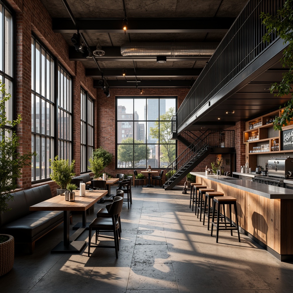 Prompt: Industrial urban landscape, converted warehouse, minimalist bar interior, exposed brick walls, polished concrete floors, metal beams, reclaimed wood accents, sleek modern lighting, urban cityscape views, floor-to-ceiling windows, steel staircases, functional industrial decor, metallic color scheme, subtle neon signs, soft ambient lighting, shallow depth of field, 2/3 composition, realistic textures, ambient occlusion.