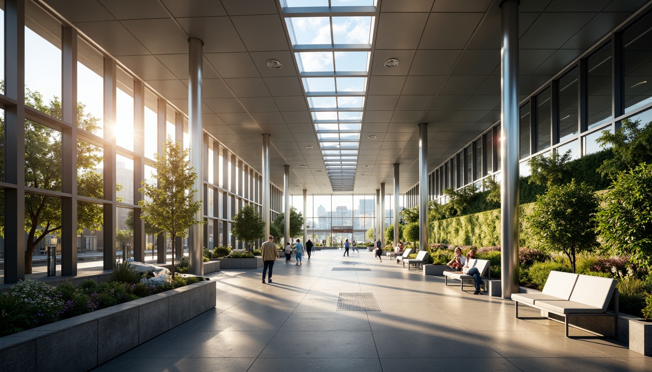 Prompt: Modern bus station, spacious waiting area, high ceilings, clerestory windows, natural light pouring in, solar tubes, reflective surfaces, sleek metal columns, minimalist seating, green walls, lush plants, urban landscape views, city skyline, morning sunlight, soft warm glow, shallow depth of field, 1/1 composition, realistic textures, ambient occlusion.