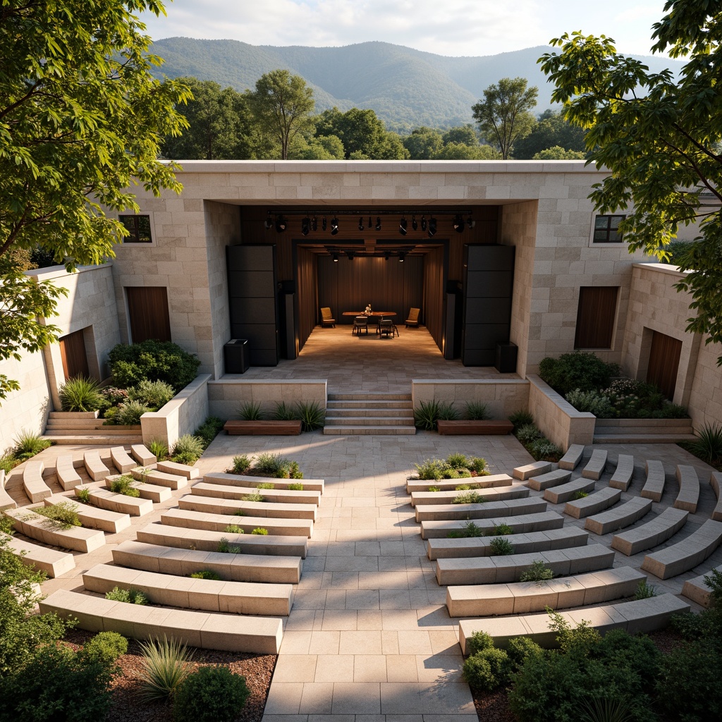 Prompt: Elegant amphitheater, natural stone seating, curved rows, wooden performance stage, suspended sound systems, acoustic panels, reverberation reduction materials, optimal speaker placement, tiered audience areas, lush greenery surroundings, warm afternoon sunlight, soft shadows, subtle gradient lighting, 1/1 composition, symmetrical architecture, harmonious color palette, rustic natural textures, ambient sound effects.