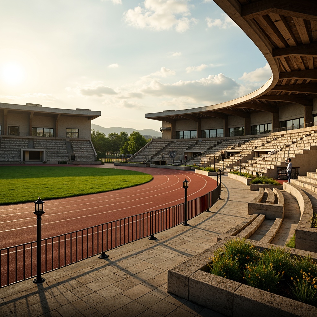 Prompt: \Renaissance-style sports fields, lush green grass, terracotta-red running tracks, weathered stone bleachers, ornate iron fences, vintage scoreboard, distressed wood benches, classic lanterns, warm golden lighting, soft afternoon sun, shallow depth of field, 3/4 composition, panoramic view, realistic textures, ambient occlusion.\