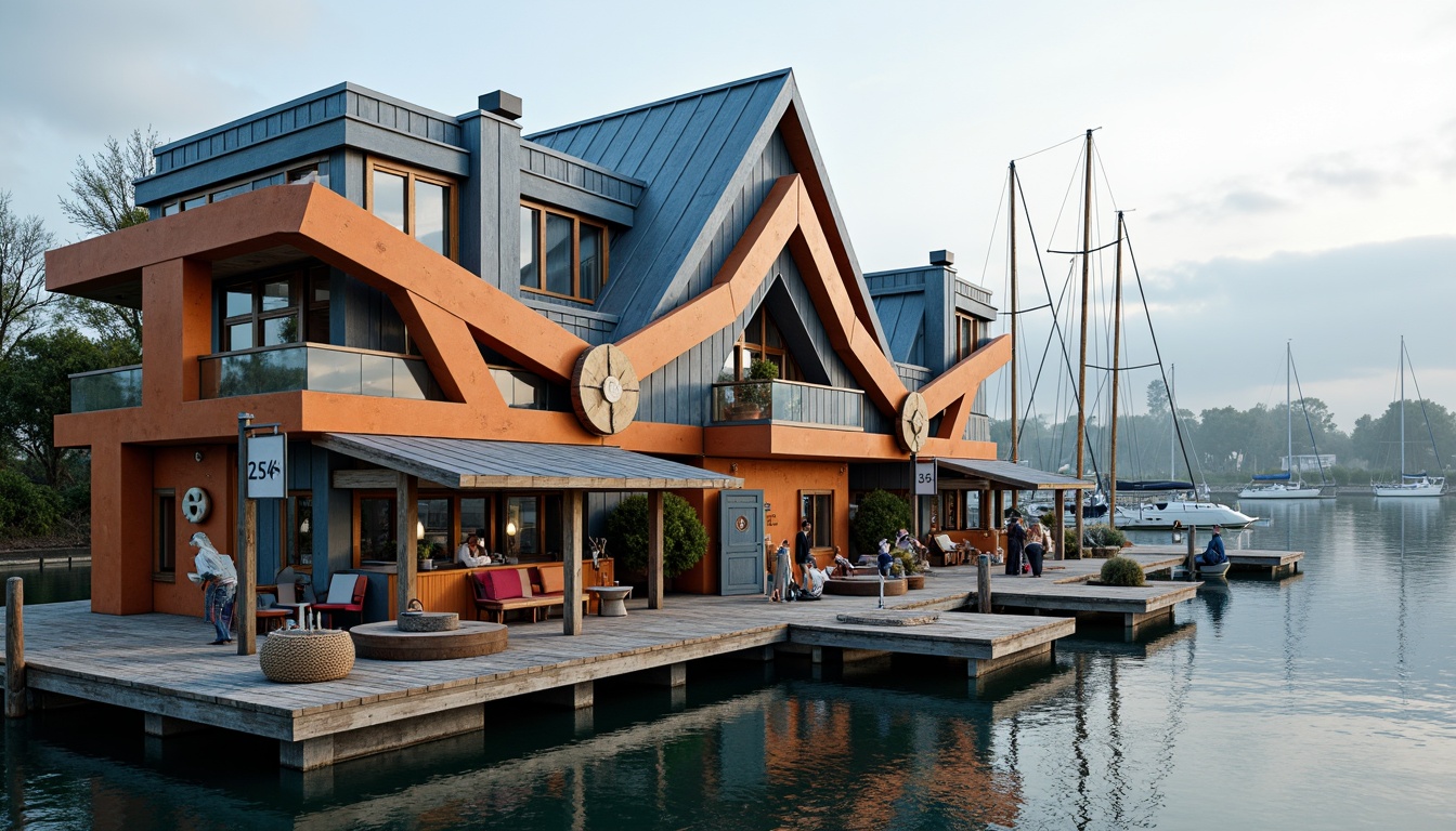 Prompt: Waterfront location, wooden dock, sailboats, calm lake, misty morning, boathouse with bold colors, playful asymmetry, irregular shapes, fragmented forms, multiple roofs, cantilevered decks, oversized windows, sliding glass doors, rustic wood accents, nautical ropes, anchors, life rings, eclectic ornaments, abstract art pieces, whimsical lighting fixtures, distressed wood textures, vintage maritime equipment, soft warm light, shallow depth of field, 1/2 composition, realistic water reflections.