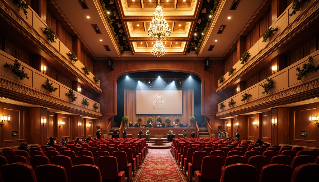 Prompt: Grand auditorium interior, tiered seating arrangement, curved balcony design, ornate chandeliers, acoustic panels, soundproofing materials, rich wood tones, plush red velvet seats, elegant staircases, expansive stage area, dramatic spotlights, warm golden lighting, shallow depth of field, 2/3 composition, symmetrical architecture, neoclassical details, intricate moldings, grand entrance foyer.