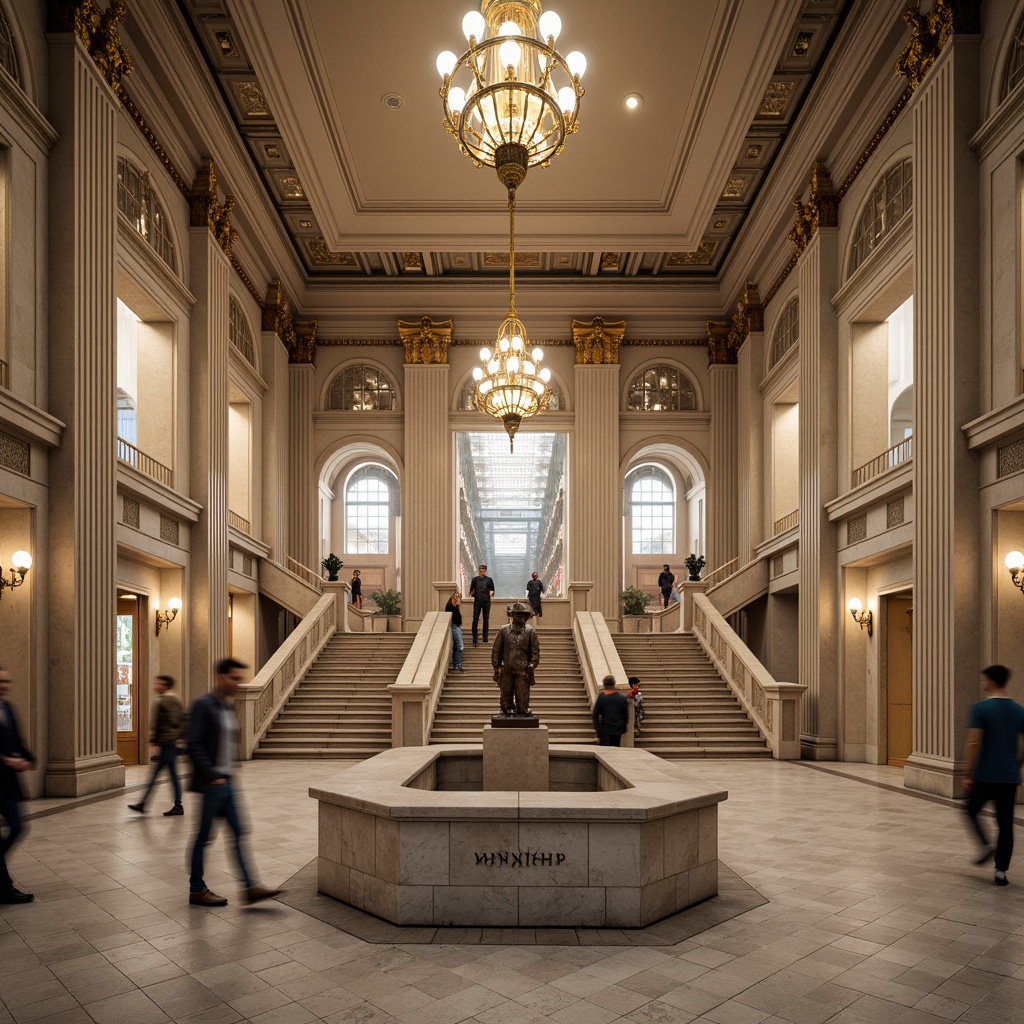 Prompt: Grand metro station, academic style facade, symmetrical composition, imposing pillars, ornate details, bronze accents, grand staircases, high ceilings, elegant chandeliers, subtle lighting, neutral color palette, beige stone walls, polished marble floors, intricate moldings, classic typography, urban cityscape, busy pedestrian traffic, blurred motion, shallow depth of field, 2/3 composition, realistic textures, ambient occlusion.