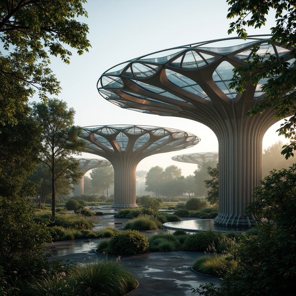 Prompt: Organic pavilion structure, undulating rooflines, translucent membranes, diffused natural light, dappled shadows, lush green walls, living roofs, bioluminescent accents, iridescent materials, misty atmosphere, soft warm glow, shallow depth of field, 1/1 composition, realistic textures, ambient occlusion.