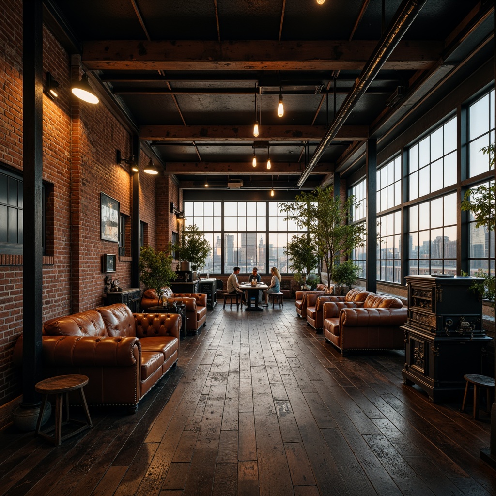 Prompt: Exposed brick walls, metal beams, reclaimed wood floors, industrial chic lighting, vintage factory machinery, distressed leather furniture, urban cityscape views, moody atmospheric ambiance, soft warm glow, shallow depth of field, 1/1 composition, cinematic framing, gritty textures, subtle color grading, nostalgic romanticism, eclectic decorative accents, ornate metalwork details.