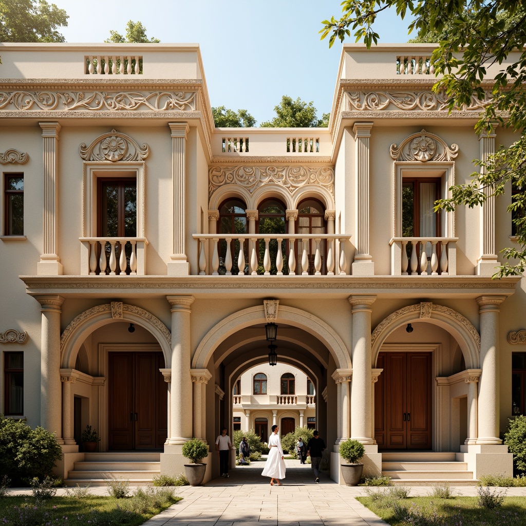 Prompt: Renaissance-inspired university building, ornate stone carvings, intricately designed arches, grand entrance gates, rusticated quoins, classical columns, sculpted facades, ornamental balconies, decorative window frames, symmetrical composition, warm beige stonework, soft golden lighting, shallow depth of field, 1/2 composition, realistic textures, ambient occlusion.