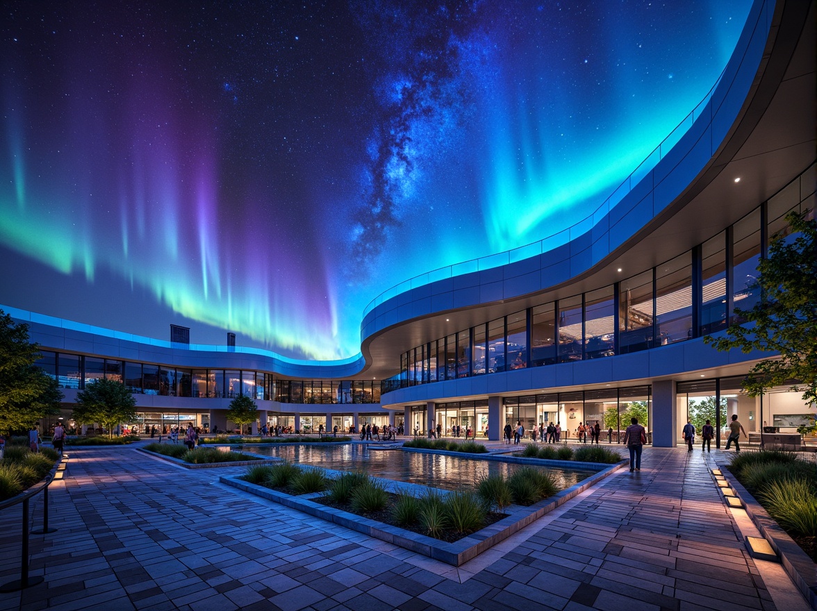 Prompt: Vibrant planetarium, glowing nebulae, iridescent aurora, bioluminescent accents, metallic structures, curved glass surfaces, neon-lit walkways, starry night sky, celestial patterns, futuristic architecture, sleek lines, minimalist design, sustainable energy solutions, solar panels, wind turbines, green roofs, eco-friendly materials, innovative cooling technologies, shaded outdoor spaces, misting systems, geometric motifs, holographic displays, 3D projections, ambient occlusion, shallow depth of field, panoramic view.