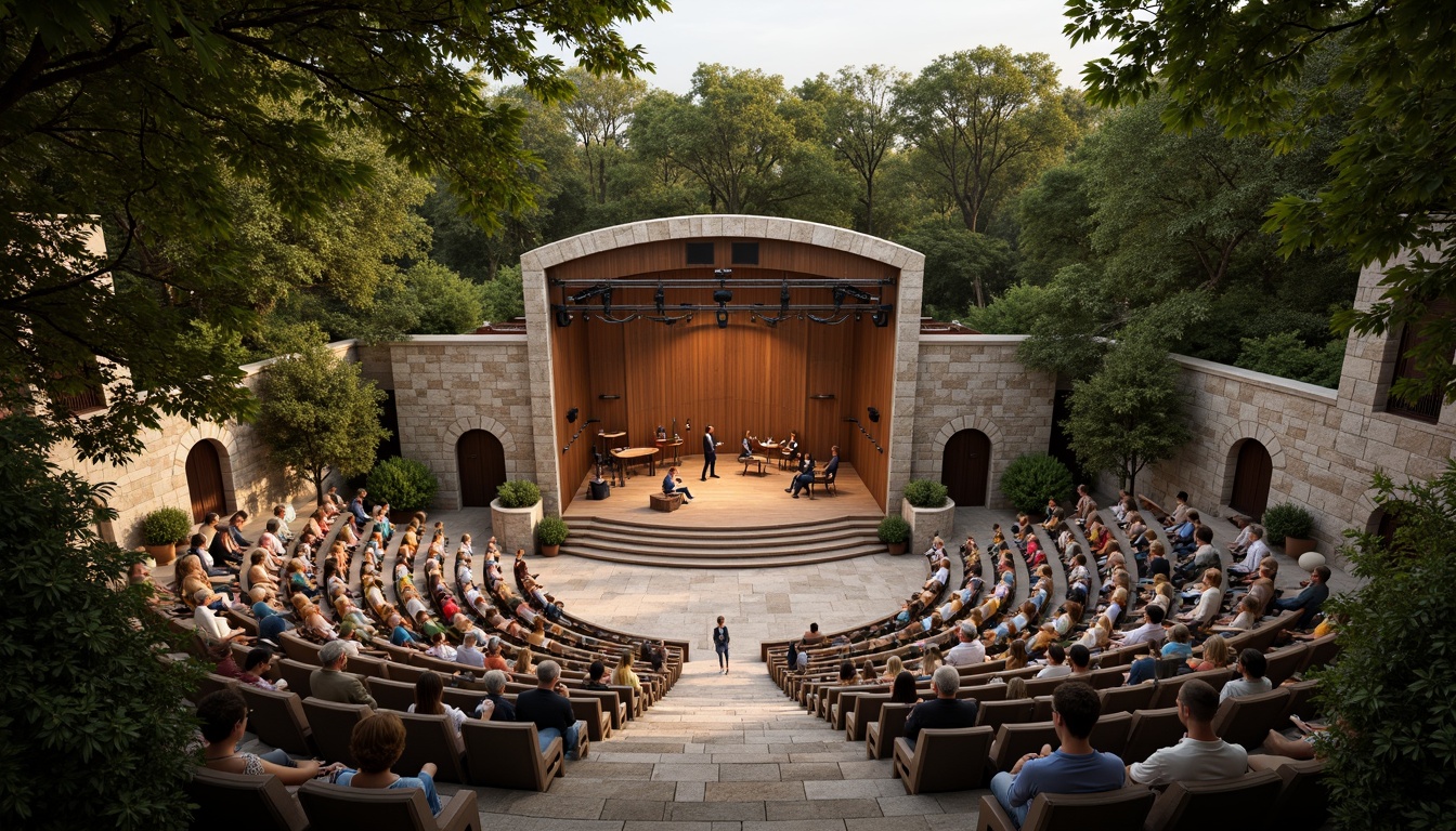 Prompt: Curved amphitheater seating, natural stone walls, lush greenery surroundings, wooden stage flooring, suspended sound systems, acoustic panels, reverberation control, intimate audience settings, warm golden lighting, soft evening ambiance, shallow depth of field, 1/2 composition, realistic textures, ambient occlusion.