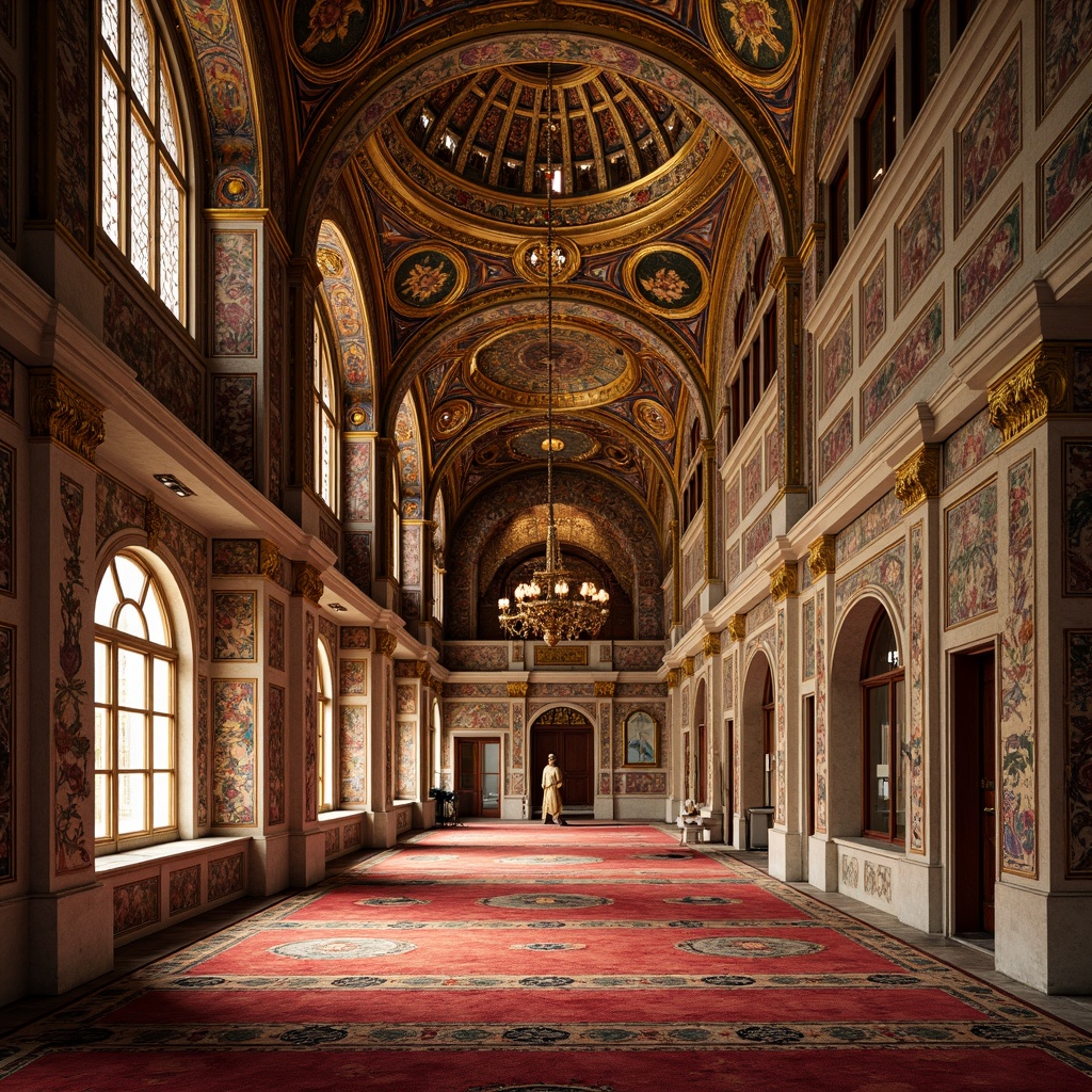 Prompt: \Richly ornate Byzantine architecture, golden domes, intricate mosaics, lavish frescoes, warm terracotta stones, ornamental arches, regal purple accents, iridescent blues, emerald greens, crimson reds, luxurious fabrics, intricate patterns, gilded details, soft warm lighting, shallow depth of field, 2/3 composition, realistic textures, ambient occlusion.\