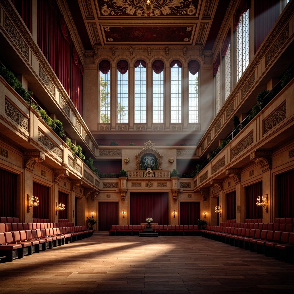 Prompt: Grand auditorium, high ceilings, large windows, natural light pouring in, warm glow, soft shadows, wooden flooring, tiered seating, curved rows, ornate balconies, plush red velvet curtains, gold accents, intricate moldings, crystal chandeliers, morning sunlight, diffused illumination, 1/2 composition, symmetrical architecture, elegant atmosphere, realistic textures, subtle ambient occlusion.