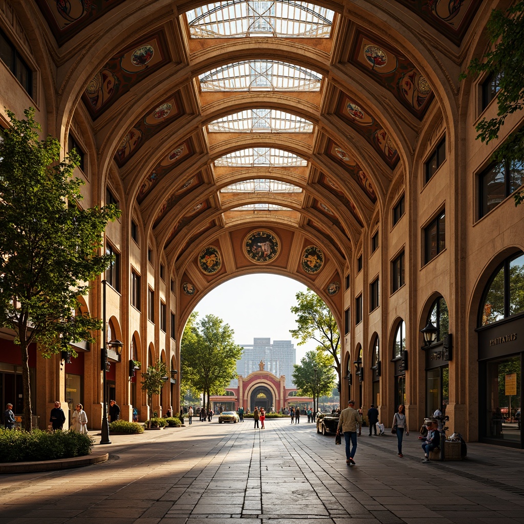 Prompt: Vibrant urban landscape, ornate Art Nouveau train station, flowing curves, organic forms, sinuous lines, grand entrance halls, stained glass ceilings, intricate mosaics, wrought iron fixtures, ornamental lanterns, bustling city streets, pedestrian walkways, urban parks, eclectic mix of modern and historic buildings, warm golden lighting, shallow depth of field, 2/3 composition, realistic textures, ambient occlusion.