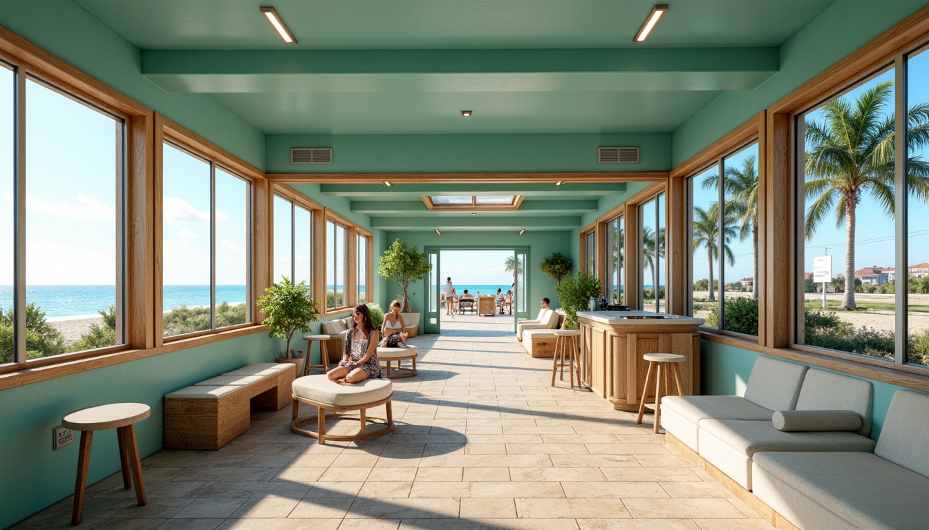 Prompt: \Vibrant beachside tram station, ocean-inspired color scheme, calming seafoam green walls, driftwood brown accents, warm sandy beige floors, sky blue ceilings, nautical rope details, stainless steel fixtures, modern minimalist design, ample natural lighting, glass partitions, comfortable seating areas, tropical plant decor, sunny day ambiance, soft focus photography, 1/2 composition, atmospheric perspective.\Let me know if this meets your requirements or if you need any adjustments!