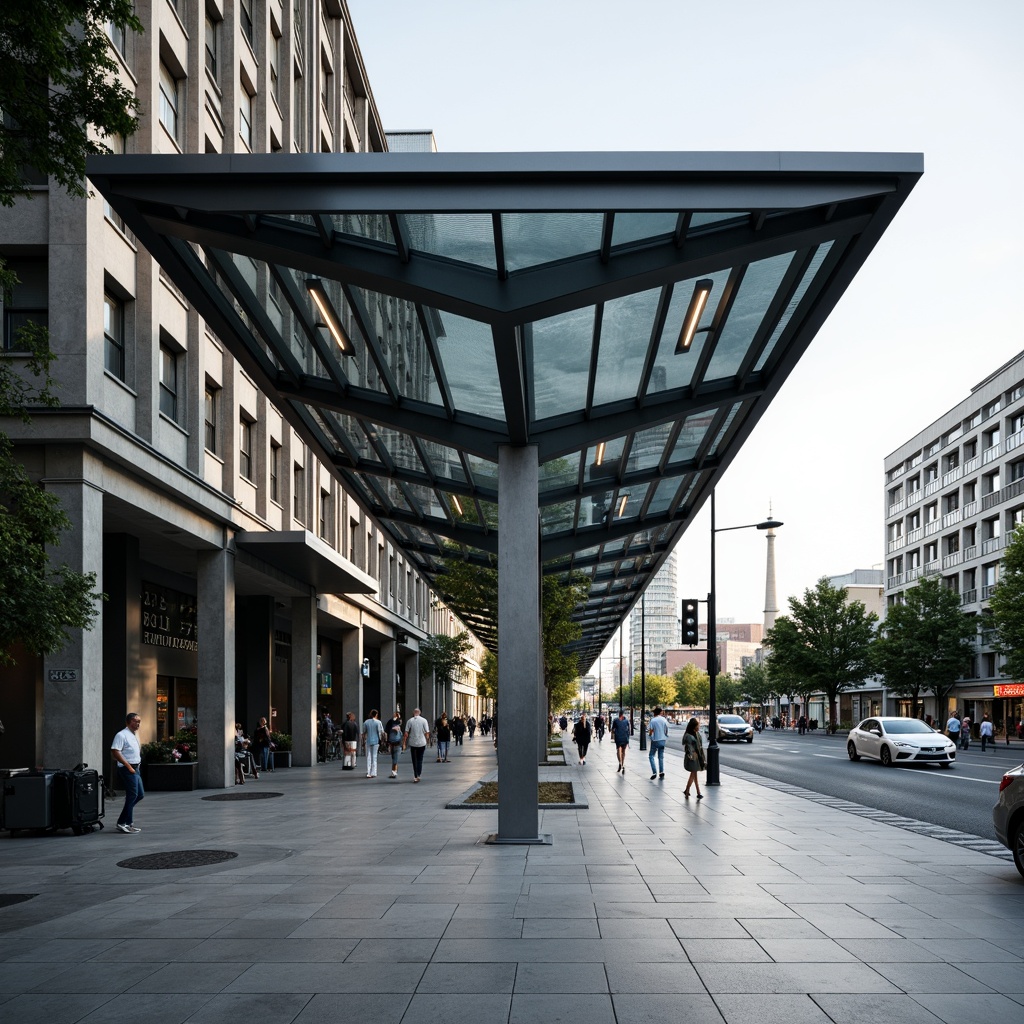 Prompt: Modern bus station, sleek metal structures, glass roofs, minimalist design, industrial materials, polished concrete floors, stainless steel columns, cantilevered canopies, LED lighting systems, urban landscape, busy streets, vibrant city life, shallow depth of field, 3/4 composition, panoramic view, realistic textures, ambient occlusion.