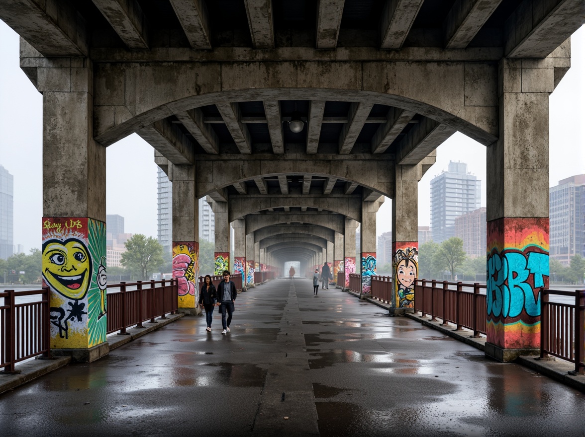 Prompt: Rugged pedestrian bridge, brutalist architecture, weathered steel beams, raw concrete columns, industrial metal railings, urban cityscape, vibrant color scheme, bold graffiti murals, dynamic lighting effects, misty atmospheric conditions, shallow depth of field, 1/1 composition, realistic textures, ambient occlusion.