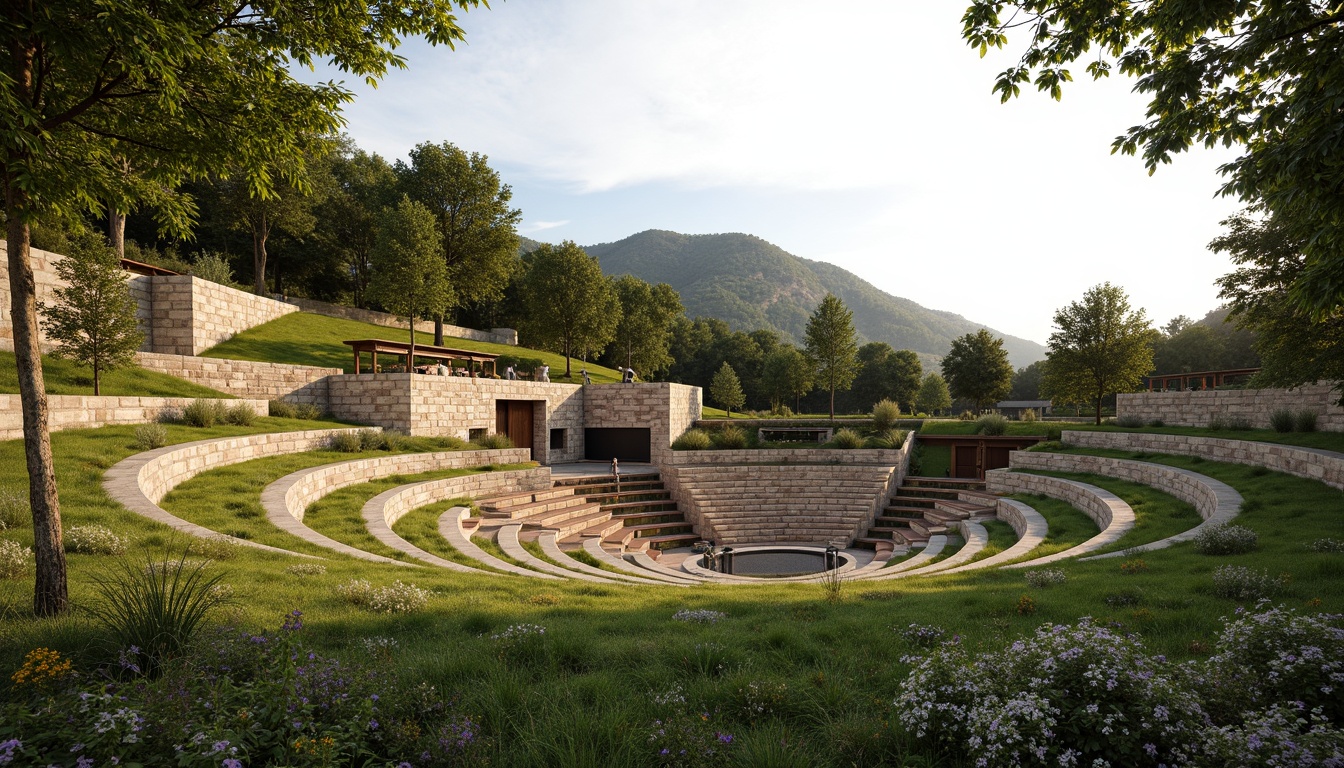 Prompt: Natural amphitheater setting, grassy slopes, tiered seating, wooden benches, rustic stone walls, curved architecture, open sky, warm afternoon light, soft shadows, 3/4 composition, panoramic view, realistic textures, ambient occlusion, acoustic panels, sound-absorbing materials, reverberation control, optimal speaker placement, audio-visual integration, minimalist design, functional aesthetics, harmonious color scheme, earthy tones, subtle lighting, atmospheric ambiance.