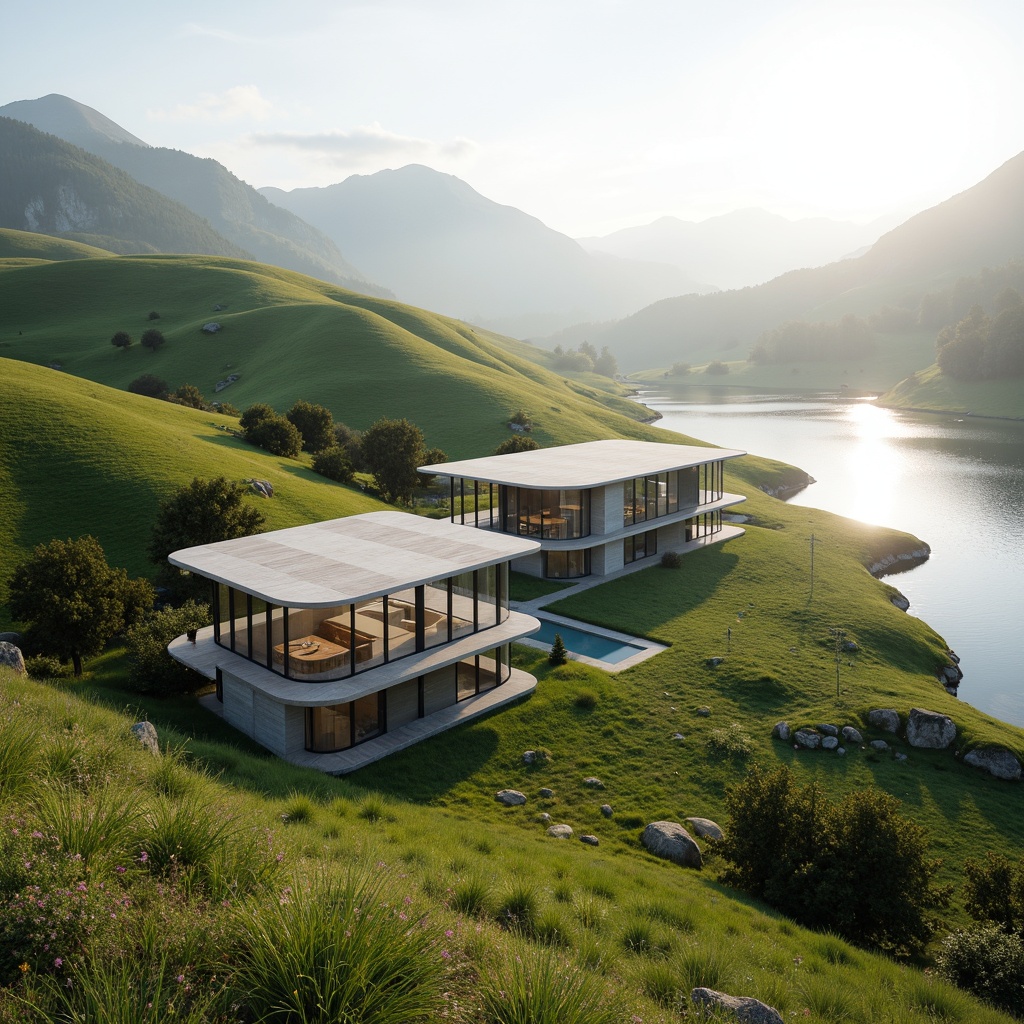 Prompt: Rolling hills, lush green meadows, serene lakeside, modern curvaceous buildings, glass fa\u00e7ades, cantilevered roofs, natural stone walls, wooden decks, minimalist interior design, floor-to-ceiling windows, panoramic views, surrounding mountains, misty mornings, warm sunlight, shallow depth of field, 3/4 composition, symmetrical balance, vibrant colorful accents, eco-friendly materials, sustainable energy solutions.