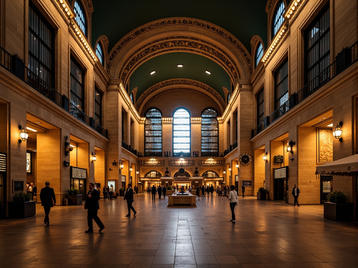 Prompt: Grandiose train station, renaissance-inspired facade, ornate stone carvings, intricate archways, vaulted ceilings, majestic clock towers, grand entrance halls, sweeping staircases, ornamental metalwork, vintage lanterns, rustic brick walls, imposing columns, symmetrical composition, warm golden lighting, soft focus, atmospheric perspective, detailed textures, subtle ambient occlusion.