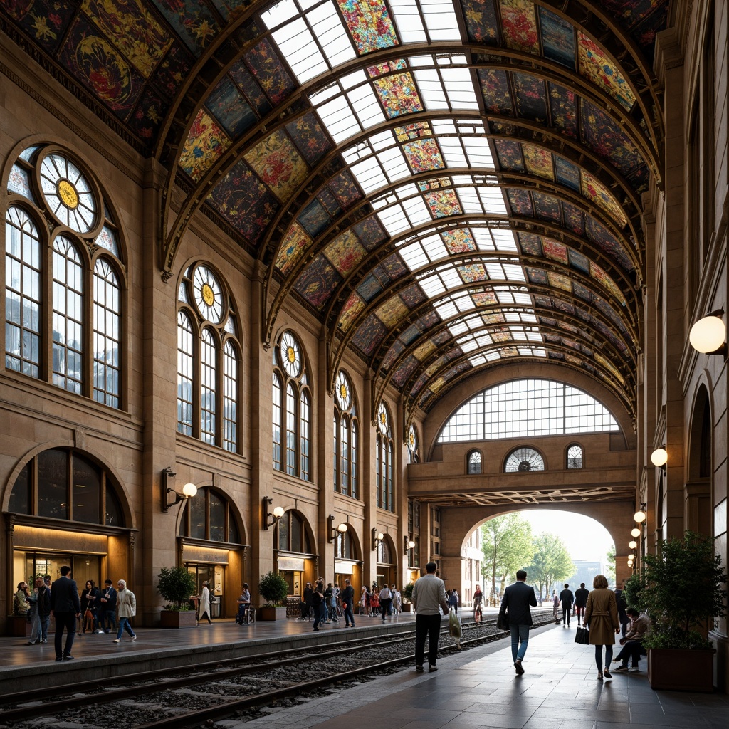 Prompt: Grandiose train station, ornate metalwork, flowing curvilinear lines, stained glass ceilings, vibrant floral patterns, intricate mosaics, elegant archways, majestic clock towers, bustling urban streets, pedestrian walkways, verdant green spaces, modern cityscape, eclectic architectural styles, rich cultural heritage, warm golden lighting, soft focus, shallow depth of field, 1/2 composition, symmetrical framing.