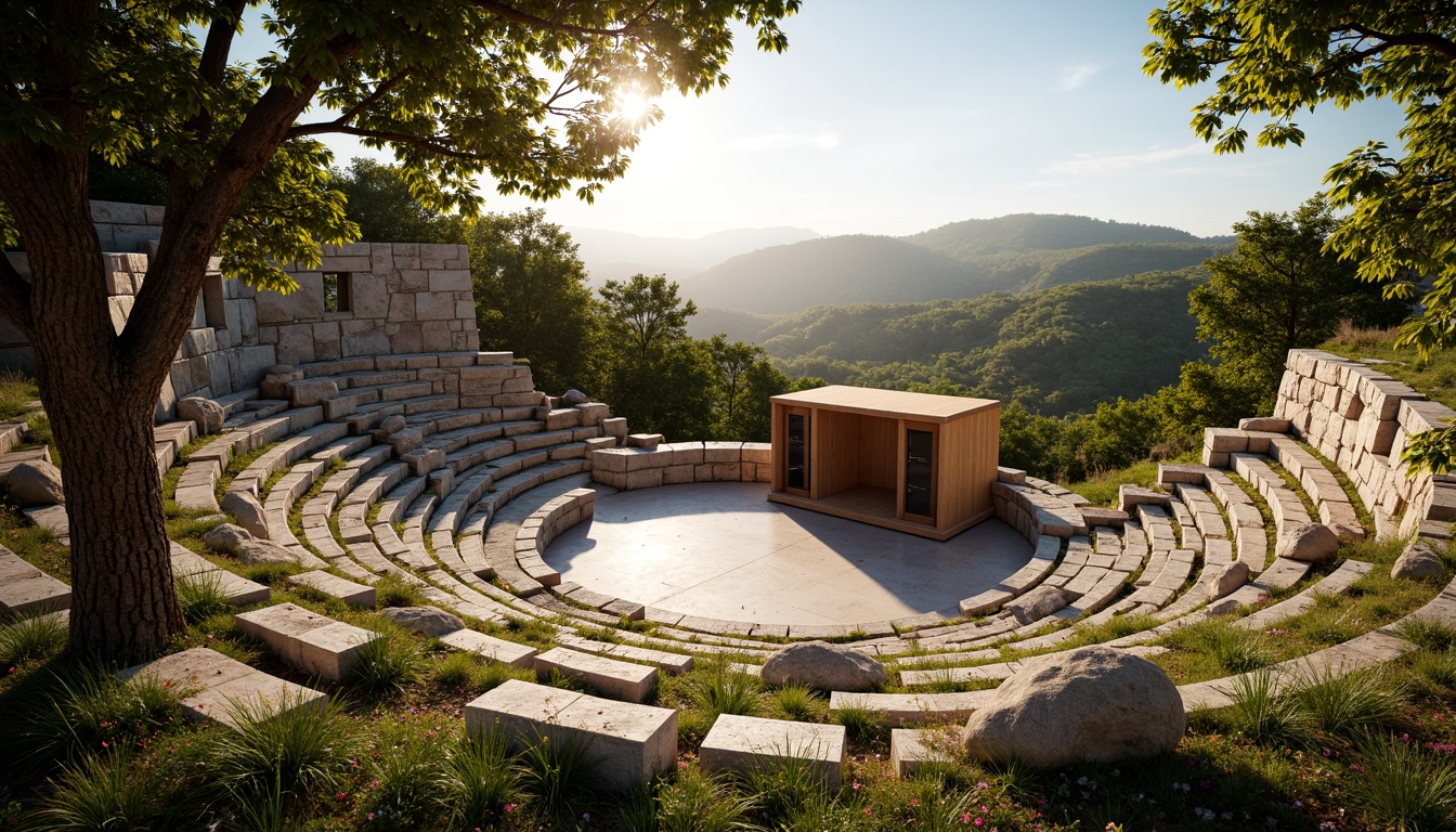 Prompt: Natural stone amphitheater, curved seating, wooden stage, sound-absorbing materials, acoustic panels, resonant frequencies, optimal speaker placement, outdoor performance space, lush green surroundings, rolling hills, sunny afternoon, warm golden lighting, shallow depth of field, 3/4 composition, panoramic view, realistic textures, ambient occlusion.