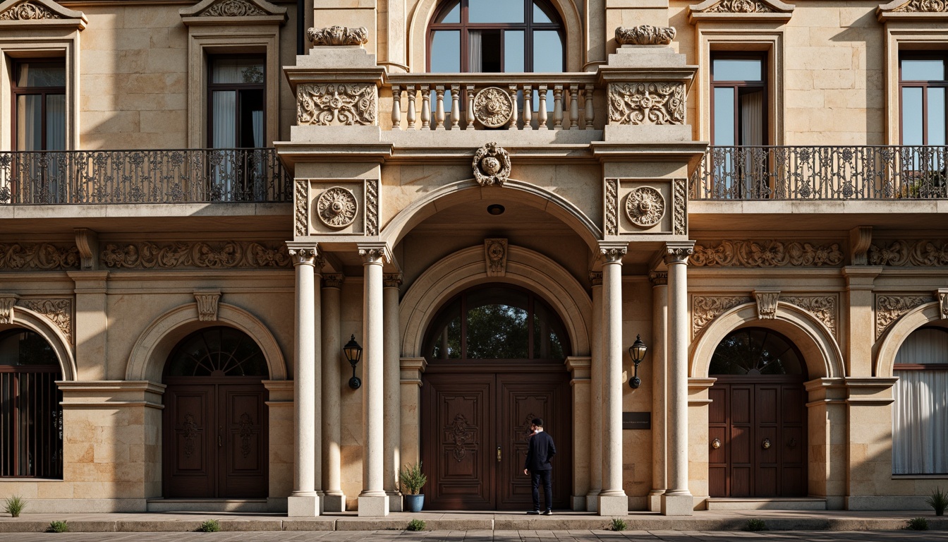 Prompt: Ornate Renaissance-style building facade, intricately carved stone columns, ornamental balustrades, grandiose archways, rusticated quoins, classical pediments, glazed terracotta tiles, decorative cornices, arched windows, pilasters with Ionic capitals, richly textured stucco walls, subtle warm lighting, shallow depth of field, 2/3 composition, realistic textures, ambient occlusion.